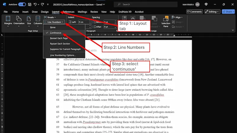 how to set continuous line numbers in microsoft word