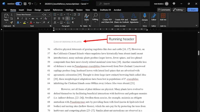 running header in microsoft word